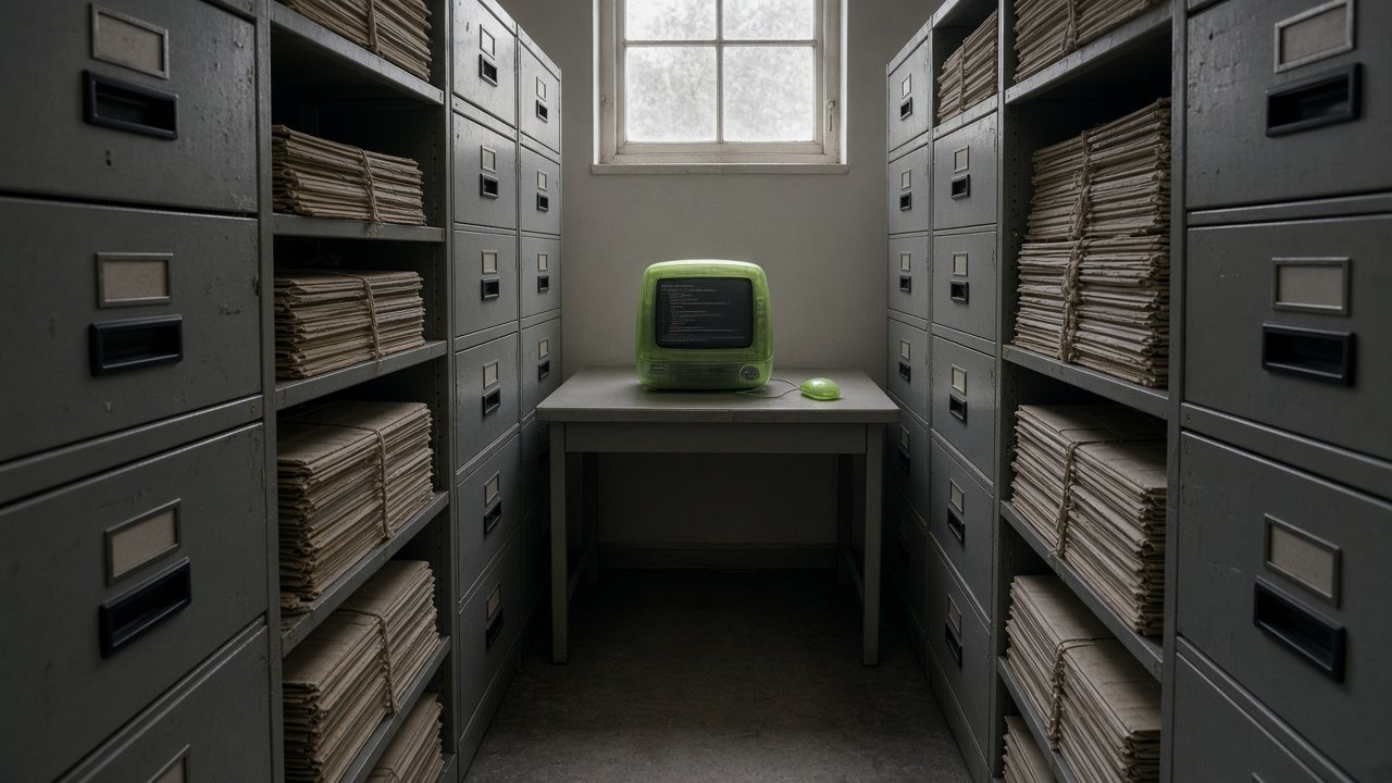 A lime-green retro computer in a grey archive room (AI-generated photo)