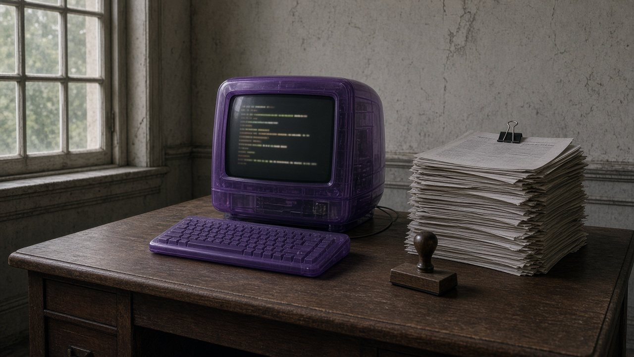 A grape-purple retro computer in a grey office (AI-generated photo)